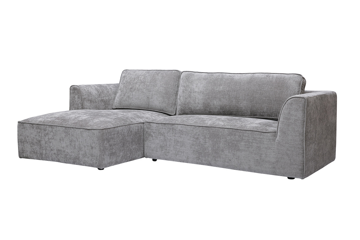 Divano ad angolo sinistro grigio in tessuto effetto velluto testurato, vista da 3/4.