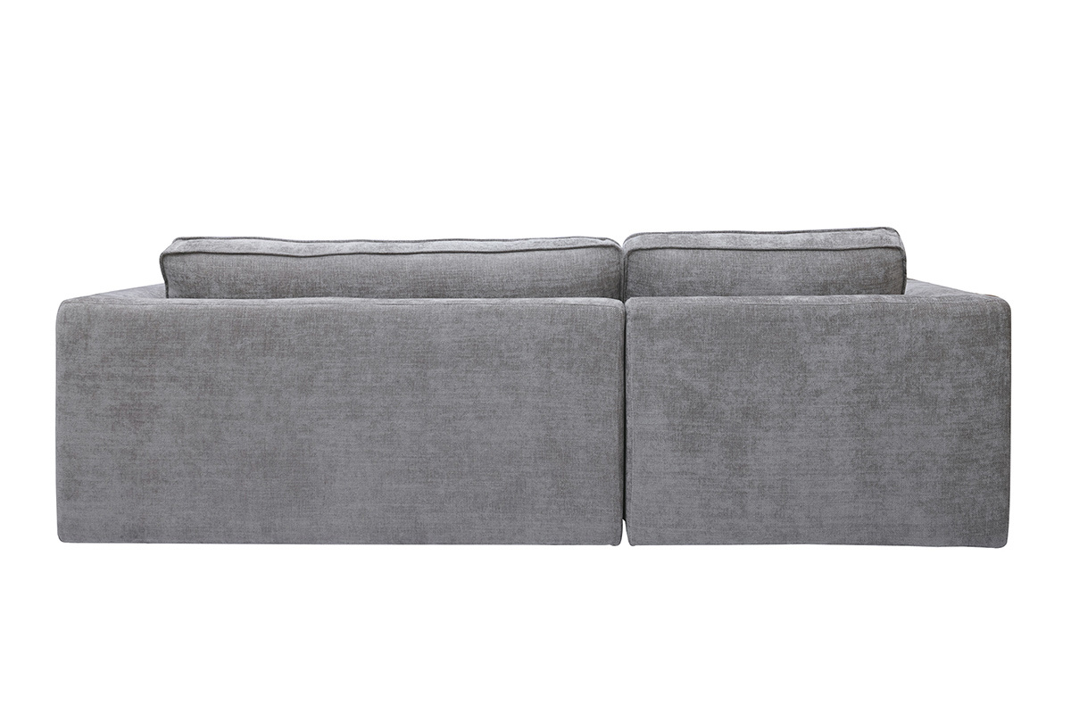 Vista posteriore del divano ad angolo sinistro in tessuto grigio effetto velluto testurato.