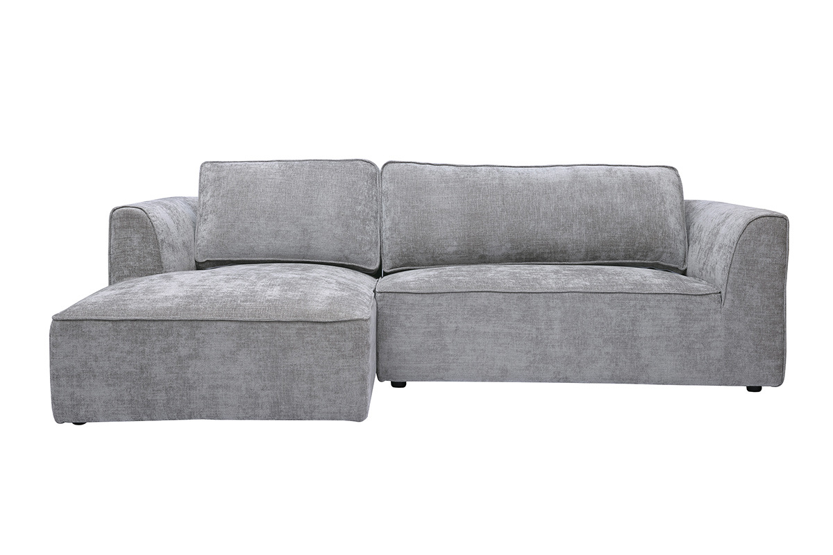 Divano ad angolo sinistro 3 posti, tessuto grigio effetto velluto testurato, vista frontale.