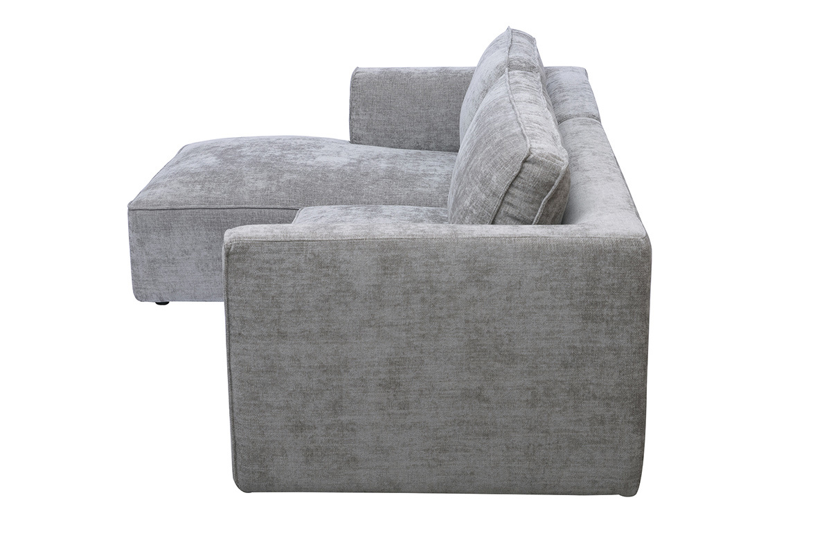 Divano ad angolo sinistro a 3 posti grigio in tessuto effetto velluto, vista laterale.