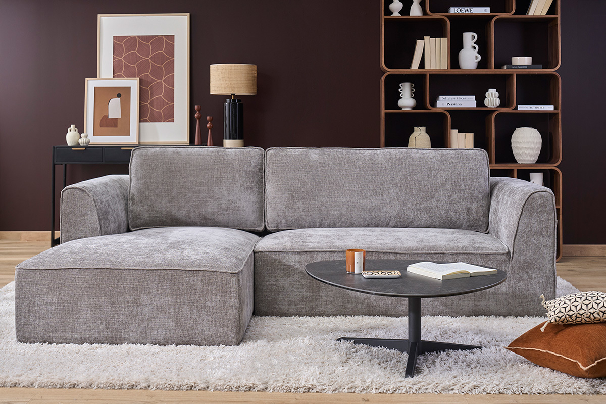 Divano ad angolo sinistro di design in tessuto effetto velluto testurizzato grigio 3 posti GRAMMY