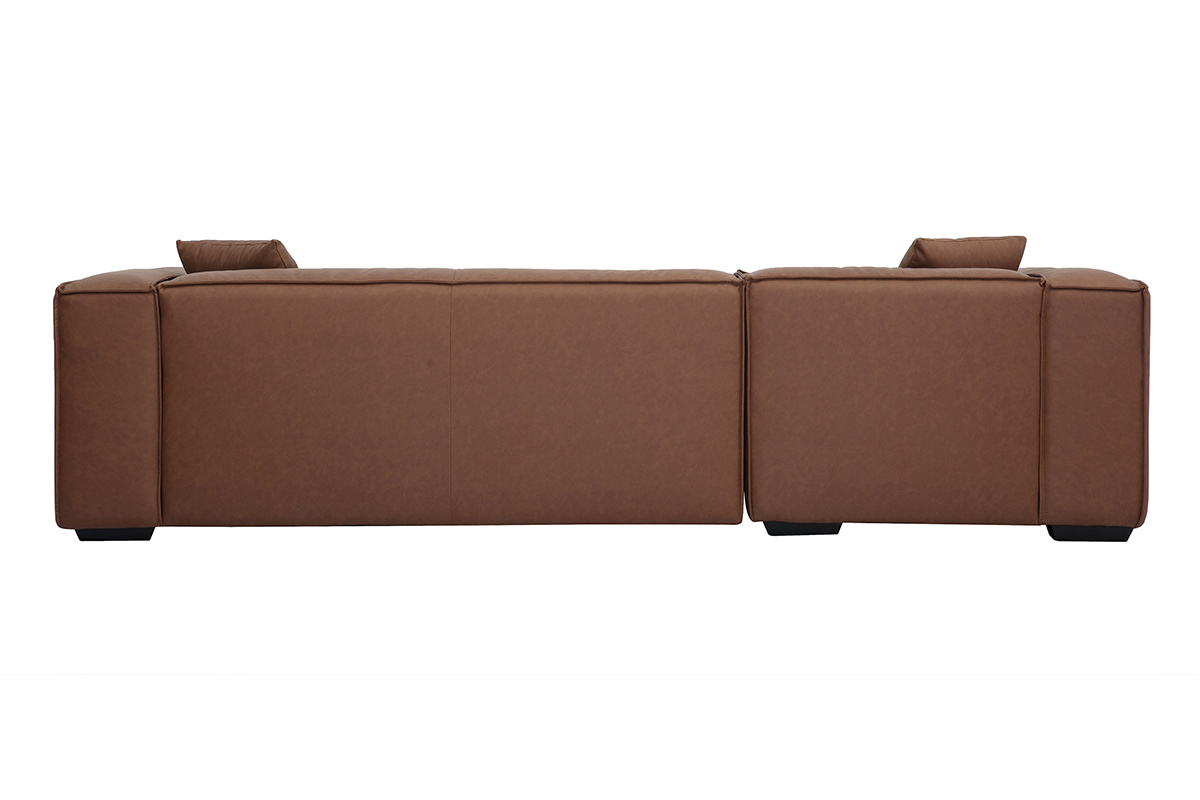 Divano ad angolo sinistro vintage 3-4 posti in pelle marrone e legno nero COBAIN