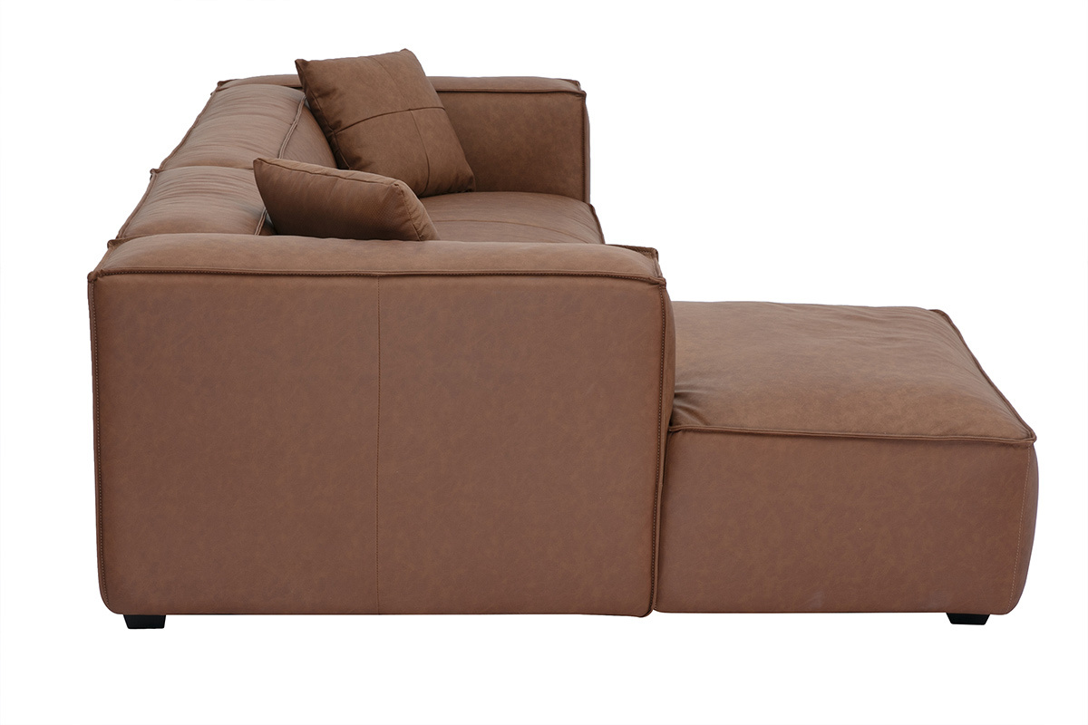 Divano ad angolo sinistro vintage 3-4 posti in pelle marrone e legno nero COBAIN