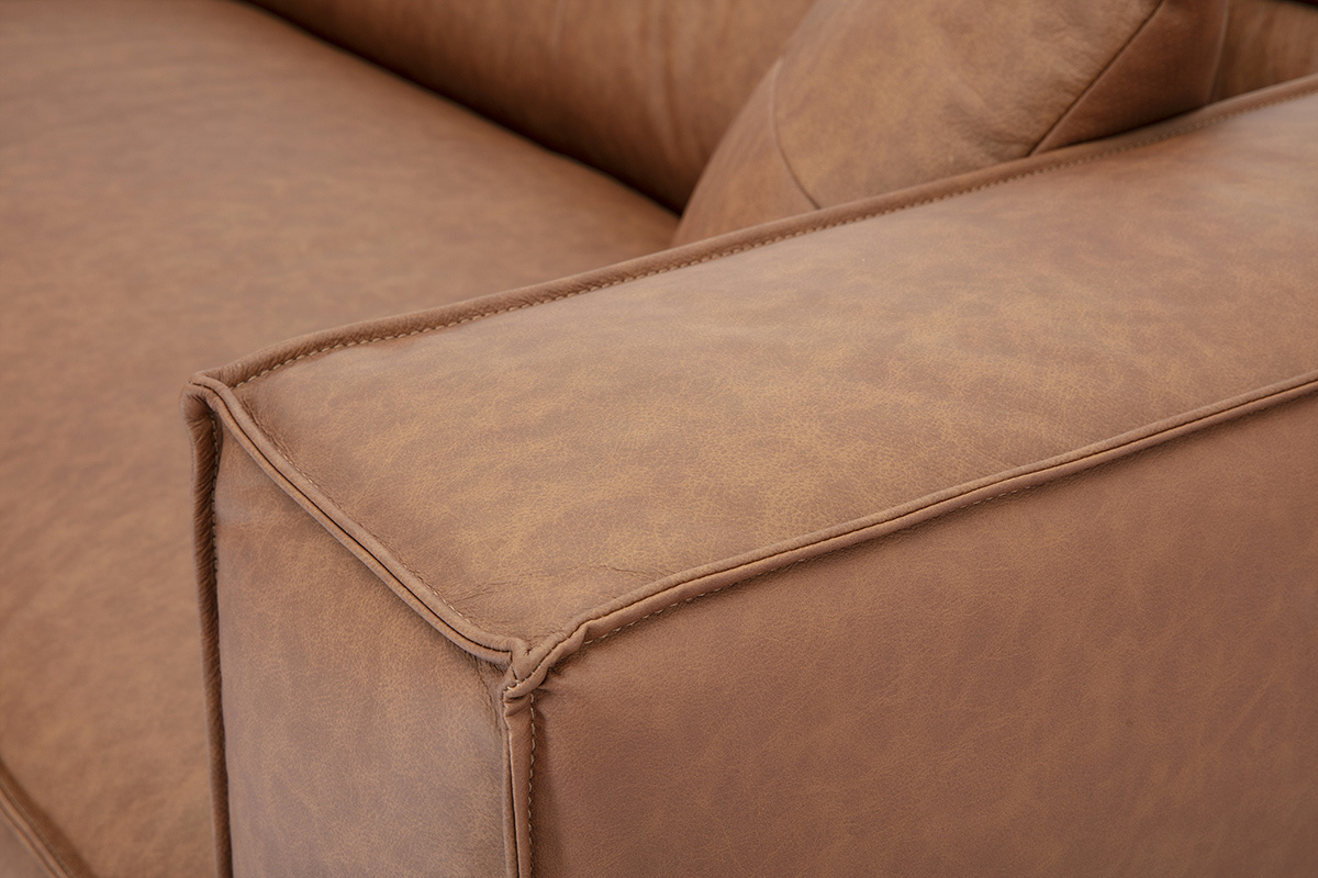 Divano ad angolo sinistro vintage 3-4 posti in pelle marrone e legno nero COBAIN