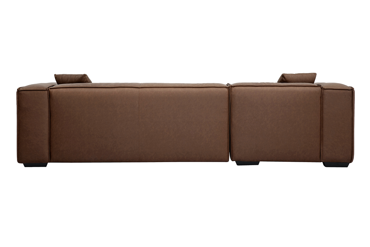 Divano ad angolo in pelle marrone, vista posteriore, 4-5 posti su piedi in legno nero.