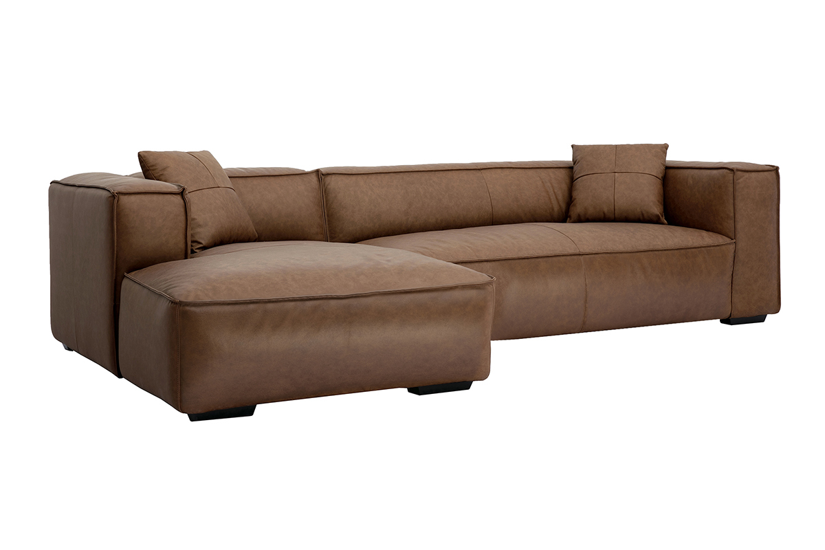 Divano ad angolo sinistro 4-5 posti in pelle marrone con chaise longue. Vista 3/4.