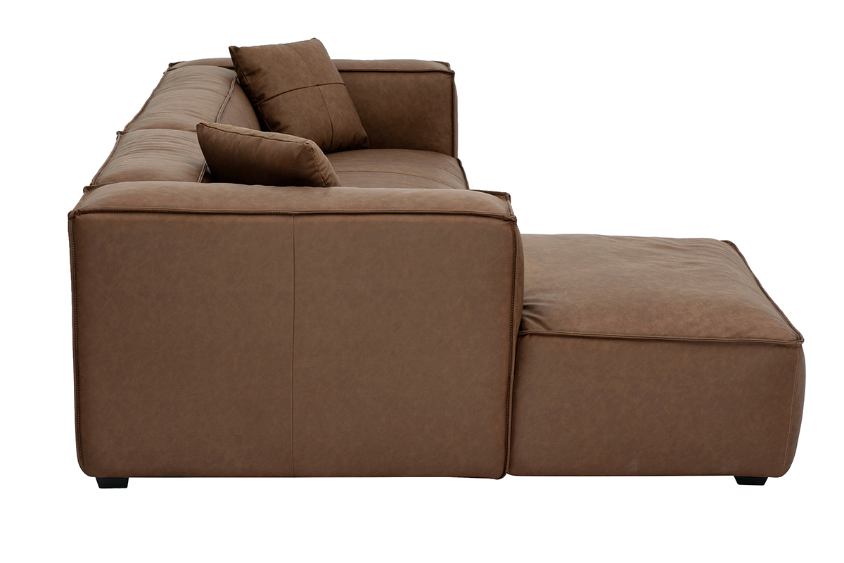 Divano ad angolo sinistro in pelle marrone, vista laterale.