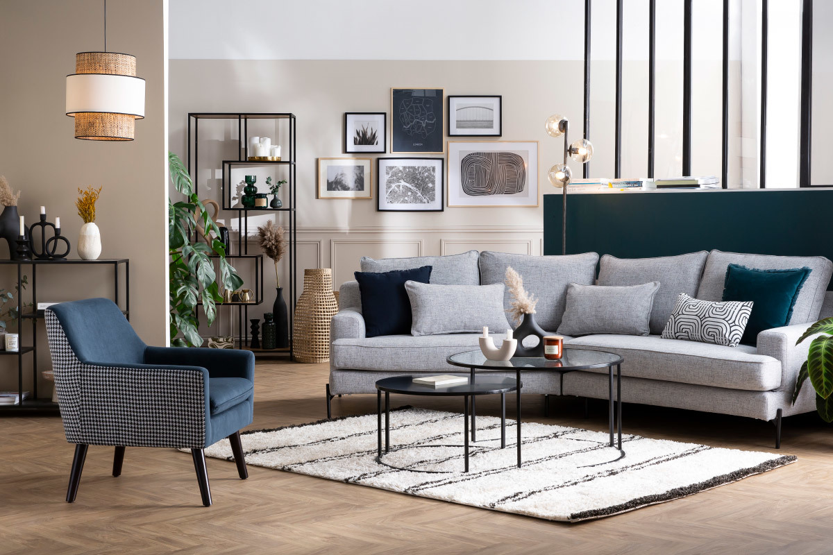 Divano angolare 5 posti grigio antracite base metallo nero PUCHKINE
