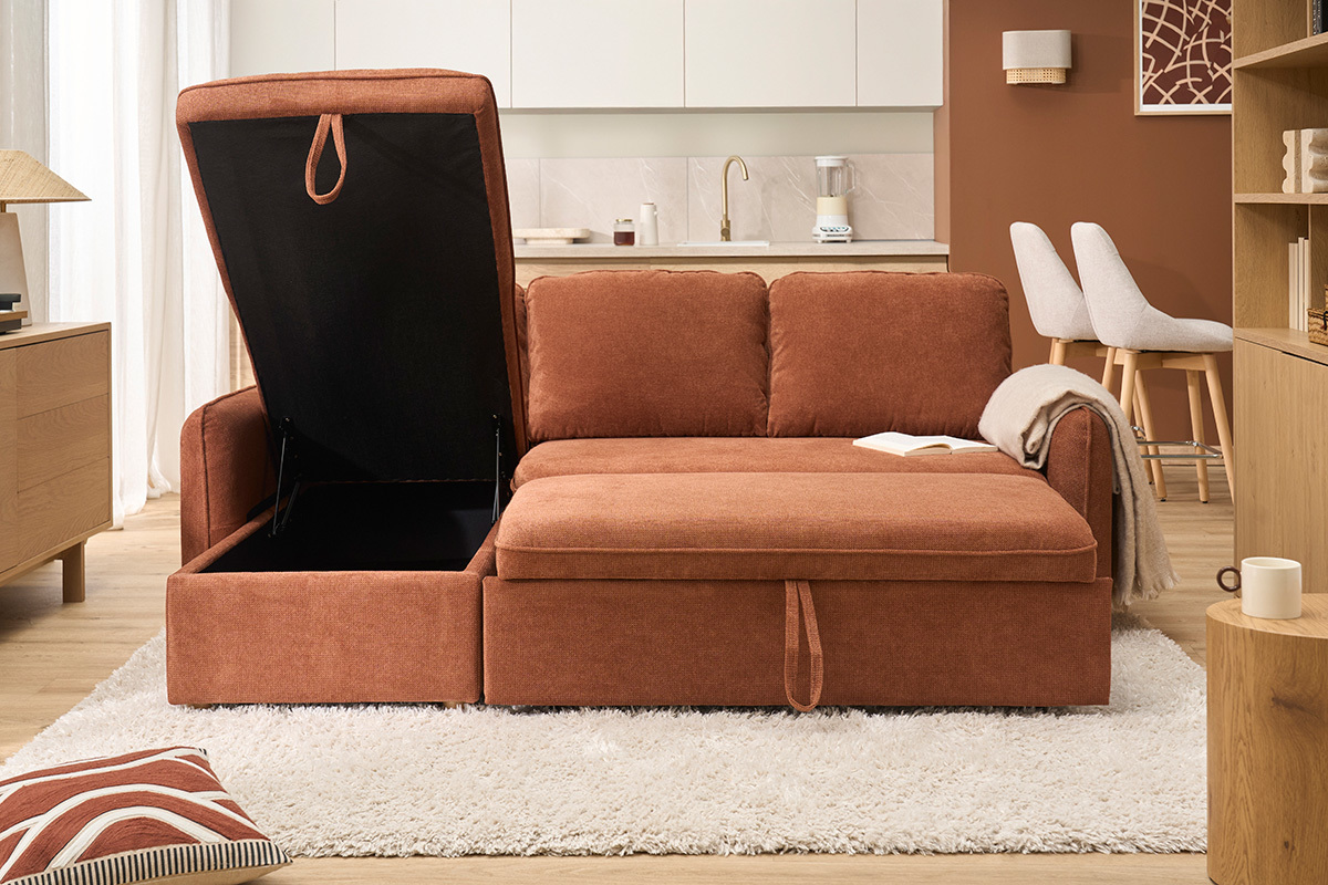 Divano angolare convertibile reversibile con baule 3 posti in tessuto ciniglia testurato terra bruciata e legno chiaro ORSO