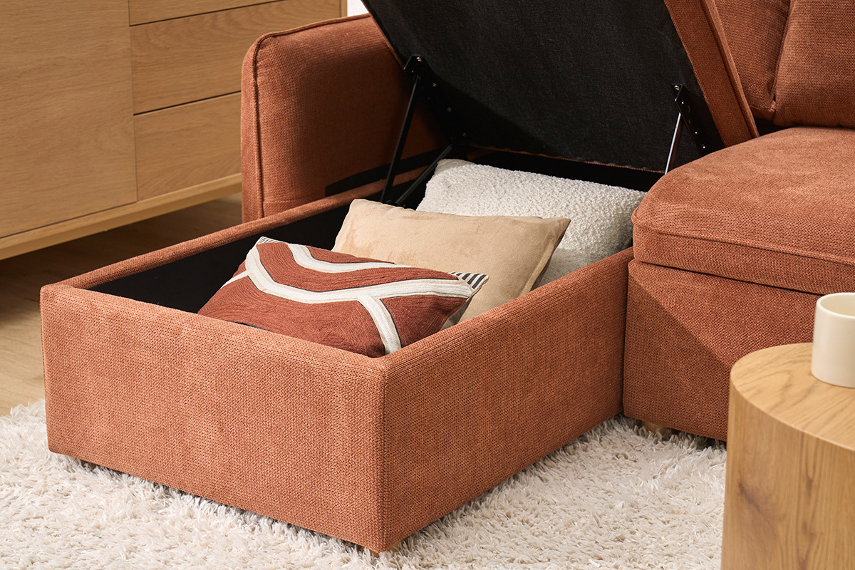 Divano angolare convertibile reversibile con baule 3 posti in tessuto ciniglia testurato terra bruciata e legno chiaro ORSO