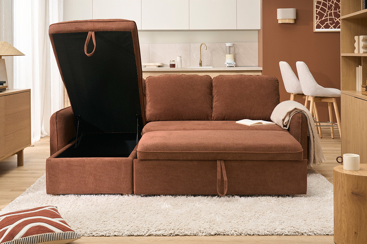 Divano angolare convertibile reversibile con baule 3 posti in tessuto ciniglia testurato terra bruciata e legno chiaro ORSO