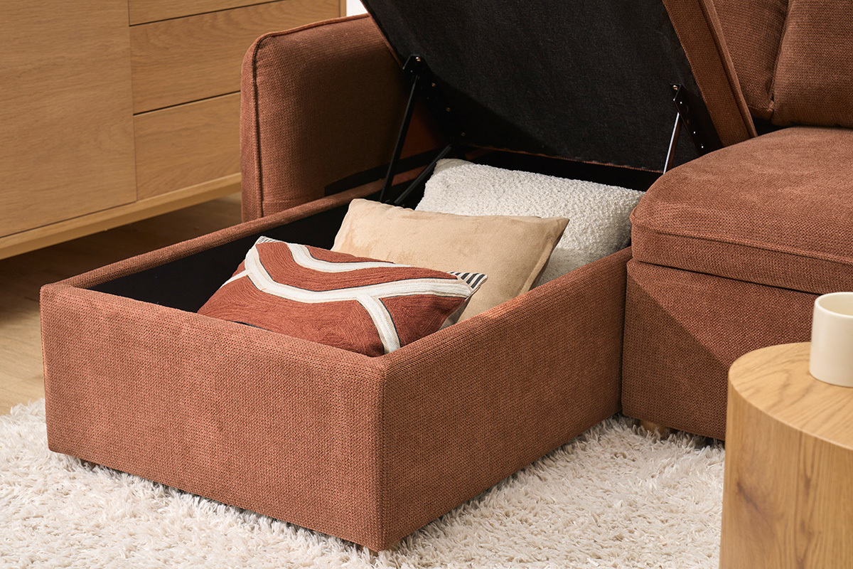 Divano angolare convertibile reversibile con baule 3 posti in tessuto ciniglia testurato terra bruciata e legno chiaro ORSO