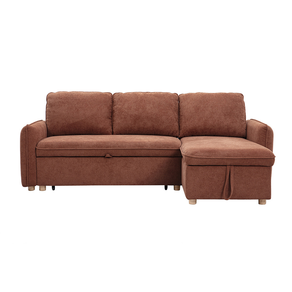 Divano angolare convertibile reversibile con baule 3 posti in tessuto ciniglia testurato terra bruciata e legno chiaro ORSO
