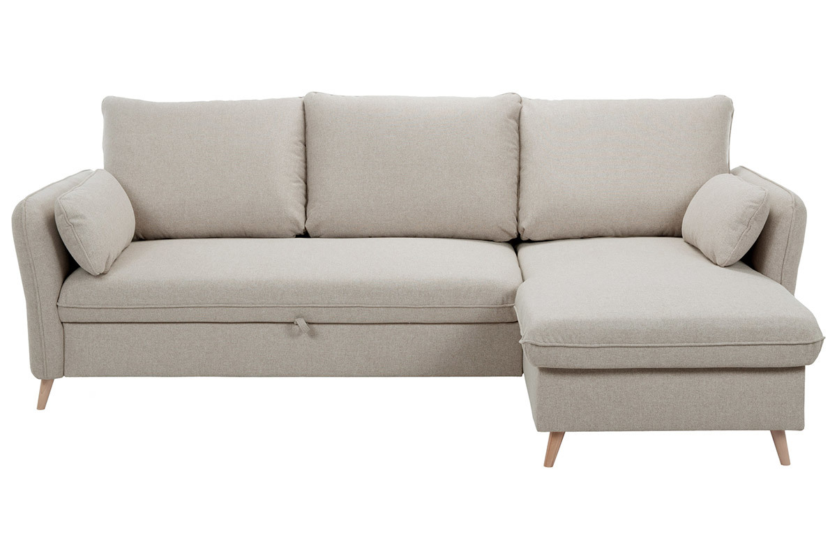 Divano angolare convertibile reversibile con contenitore 3-4 posti in tessuto beige e legno chiaro DRISS