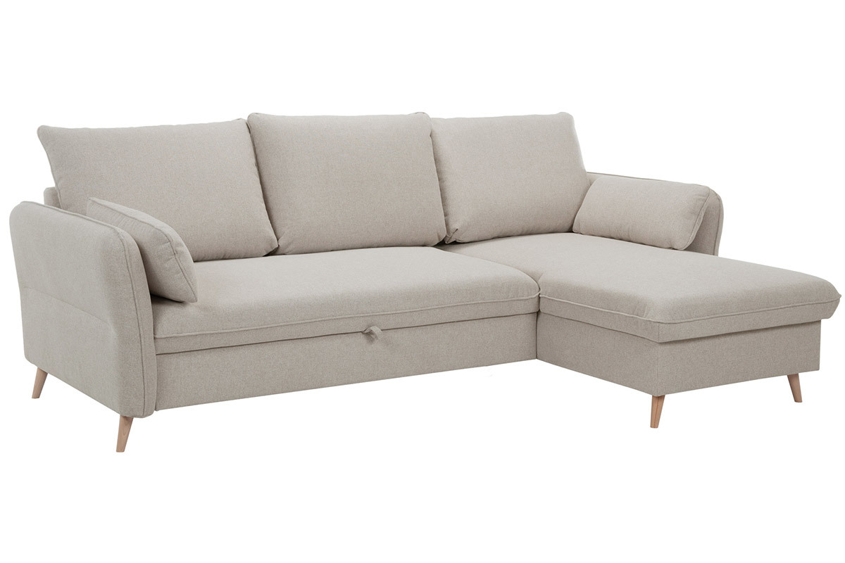 Divano angolare convertibile reversibile con contenitore 3-4 posti in tessuto beige e legno chiaro DRISS
