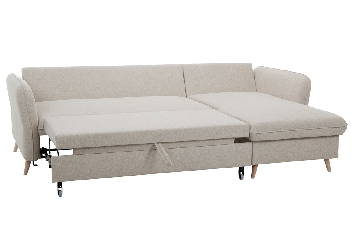 Divano angolare convertibile reversibile con contenitore 3-4 posti in tessuto beige e legno chiaro DRISS
