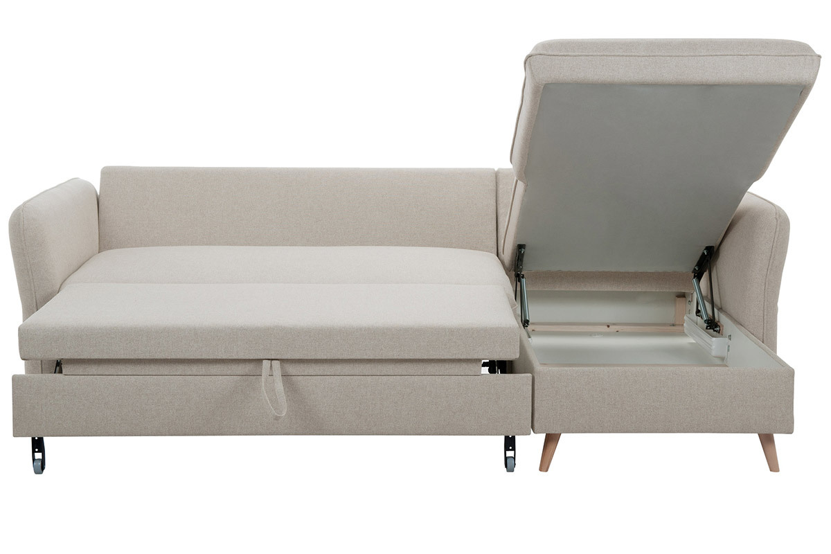 Divano angolare convertibile reversibile con contenitore 3-4 posti in tessuto beige e legno chiaro DRISS