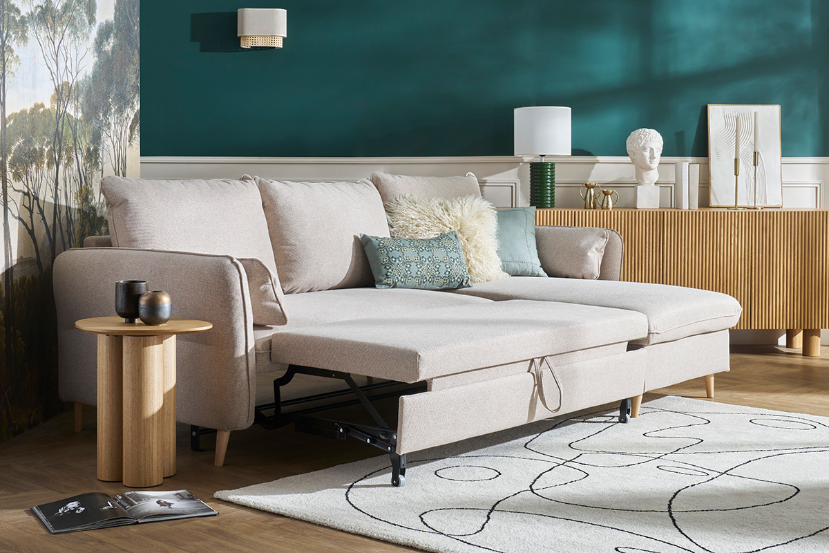 Divano angolare convertibile reversibile con contenitore 3-4 posti in tessuto beige e legno chiaro DRISS