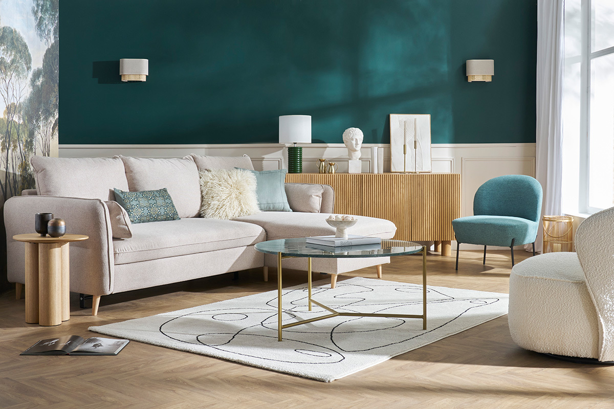 Divano angolare convertibile reversibile con contenitore 3-4 posti in tessuto beige e legno chiaro DRISS