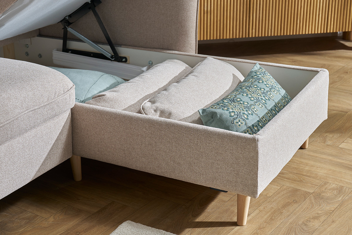 Divano angolare convertibile reversibile con contenitore 3-4 posti in tessuto beige e legno chiaro DRISS