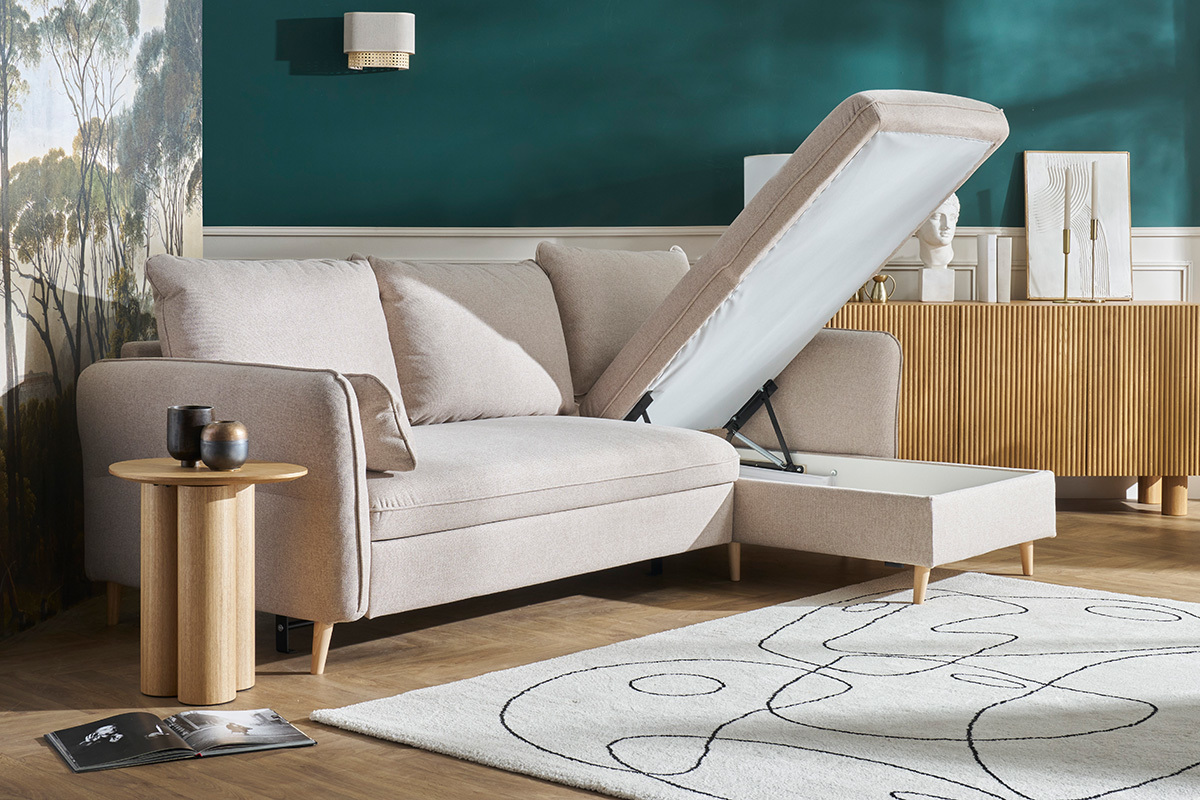 Divano angolare convertibile reversibile con contenitore 3-4 posti in tessuto beige e legno chiaro DRISS