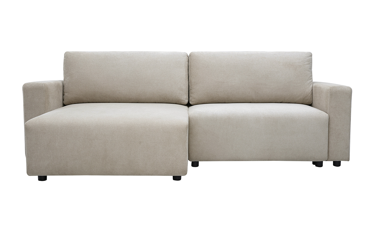Divano angolare convertibile reversibile beige in tessuto chenille vista frontale