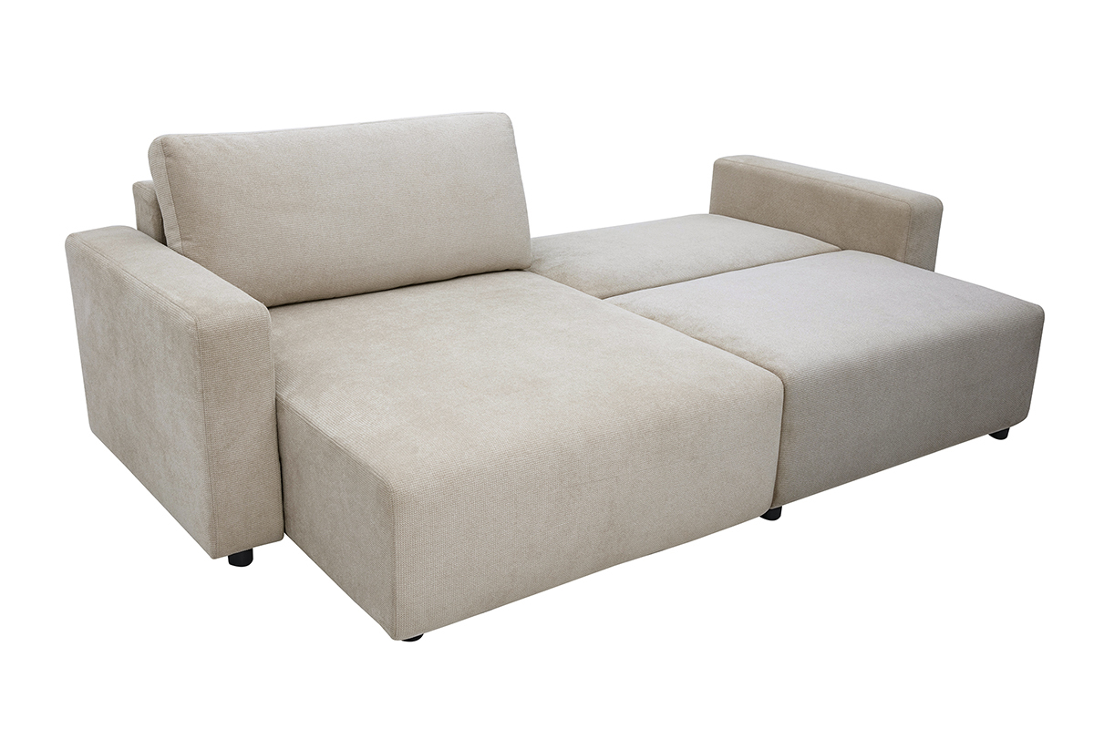 Canap� angolare convertibile reversibile beige in tessuto chenille, vista a 3/4, design contemporaneo.