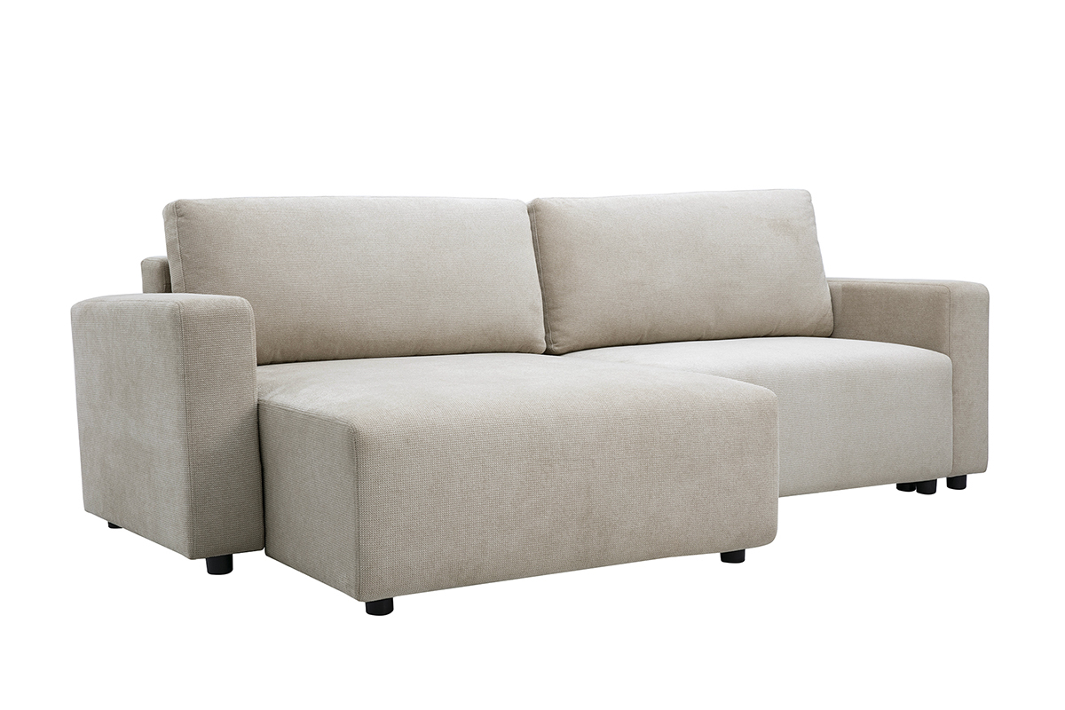 Divano angolare convertibile reversibile in tessuto ciniglia beige, vista a 3/4