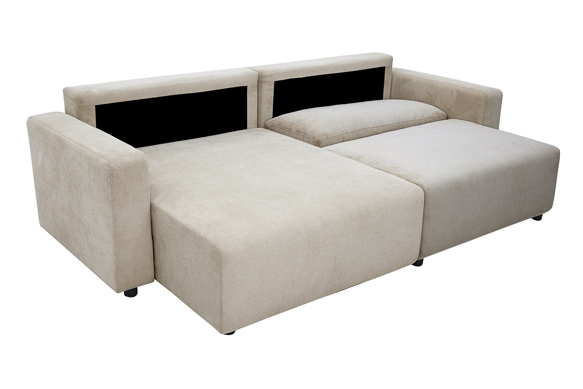 Divano angolare convertibile reversibile beige NESTO, vista 3/4, con contenitore integrato.