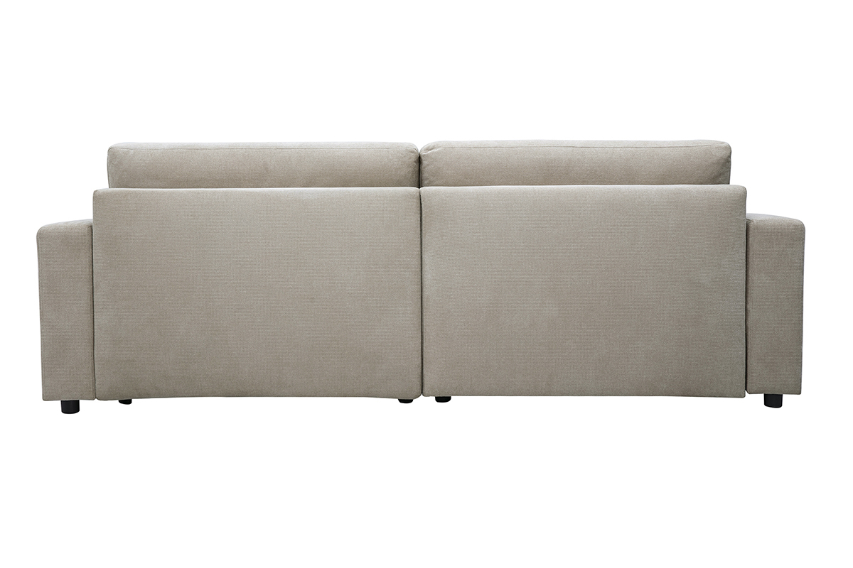 Vista posteriore del divano angolare convertibile reversibile NESTO in tessuto ciniglia beige.