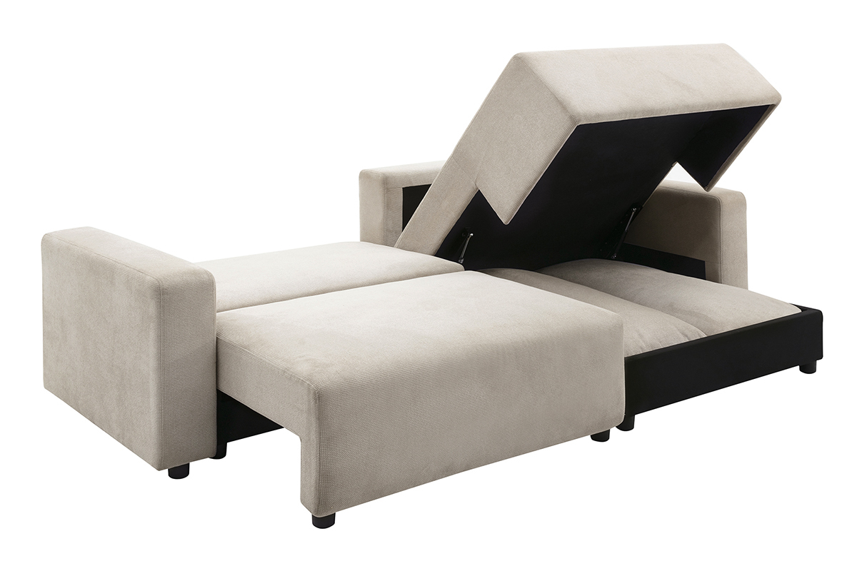 Divano angolare convertibile reversibile con contenitore 3-4 posti in tessuto ciniglia beige NESTO