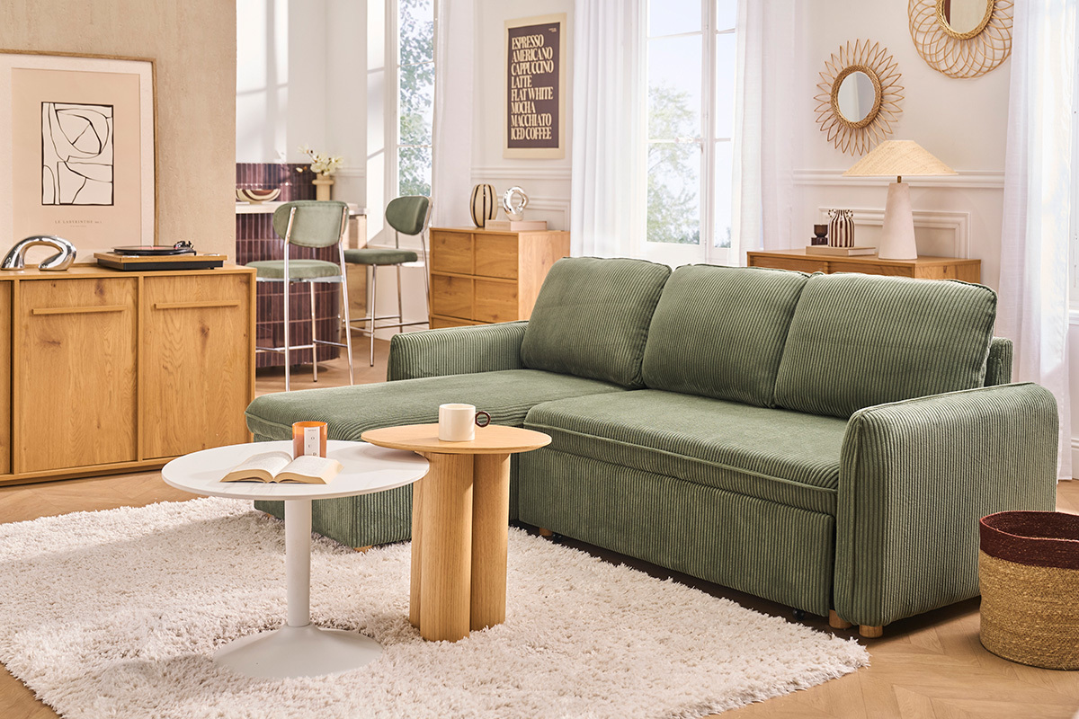 Divano angolare convertibile reversibile con contenitore 3 posti in tessuto velluto a coste verde kaki e legno chiaro ORSO