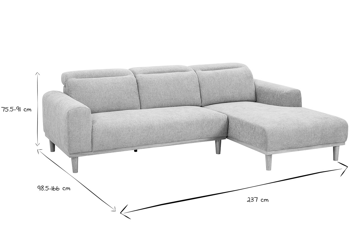Dimensioni del divano ad angolo destro a 3 posti HORACIO in nero e bianco, vista frontale.