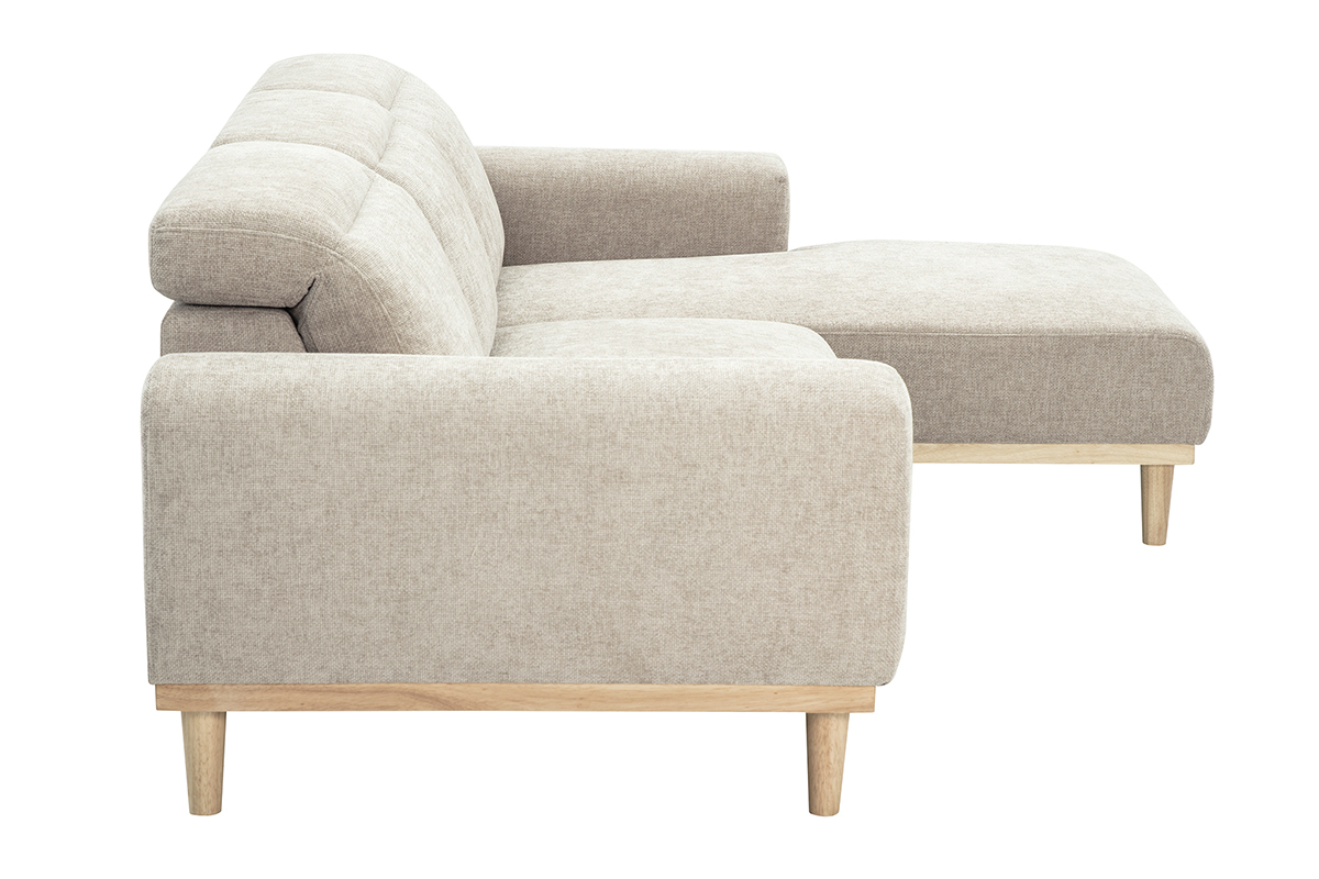 Divano ad angolo destro beige in tessuto effetto velluto, vista laterale, piedi in legno chiaro.