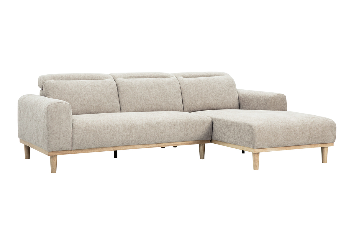 Divano ad angolo destro a 3 posti in tessuto beige e legno chiaro, vista da 3/4.