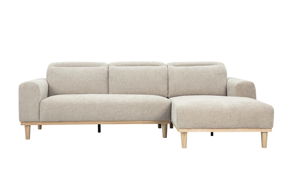 Divano ad angolo destro beige in tessuto effetto velluto con piedi in legno chiaro, vista frontale.