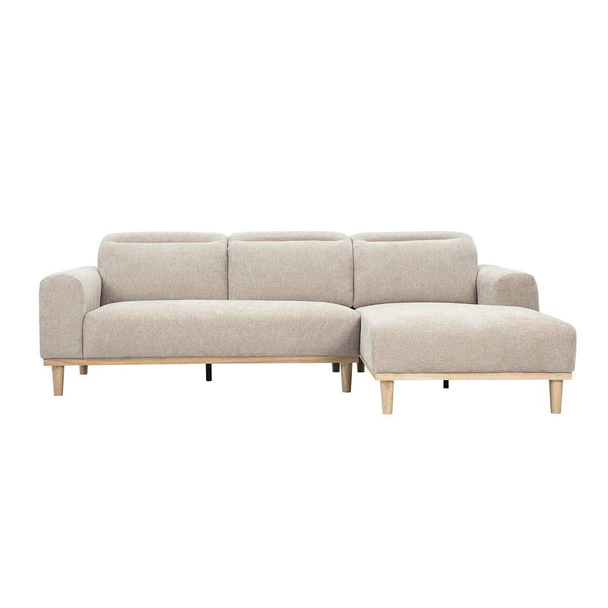 Divano angolare destro 3 posti con poggiatesta regolabili in tessuto effetto velluto testurizzato beige e legno chiaro HORACIO