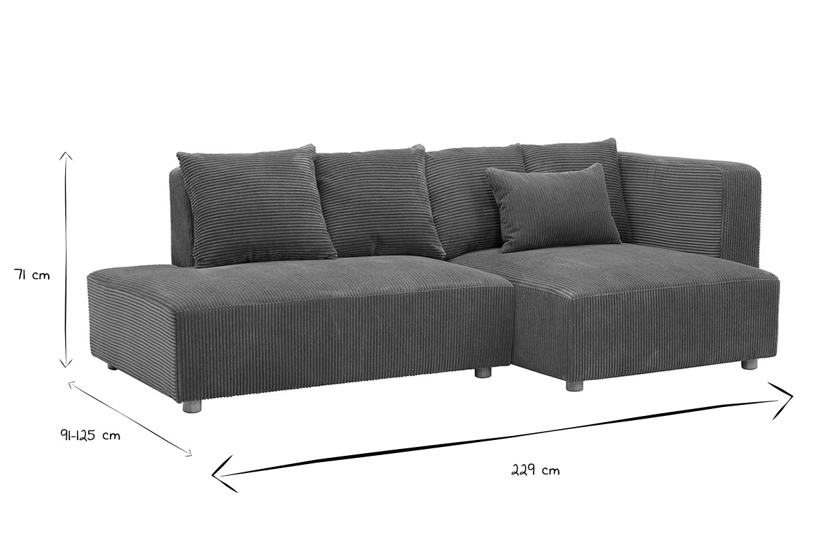 Dimensioni del divano angolare destro a 3 posti in bianco e nero, L229 x P91-125 x H71 cm.