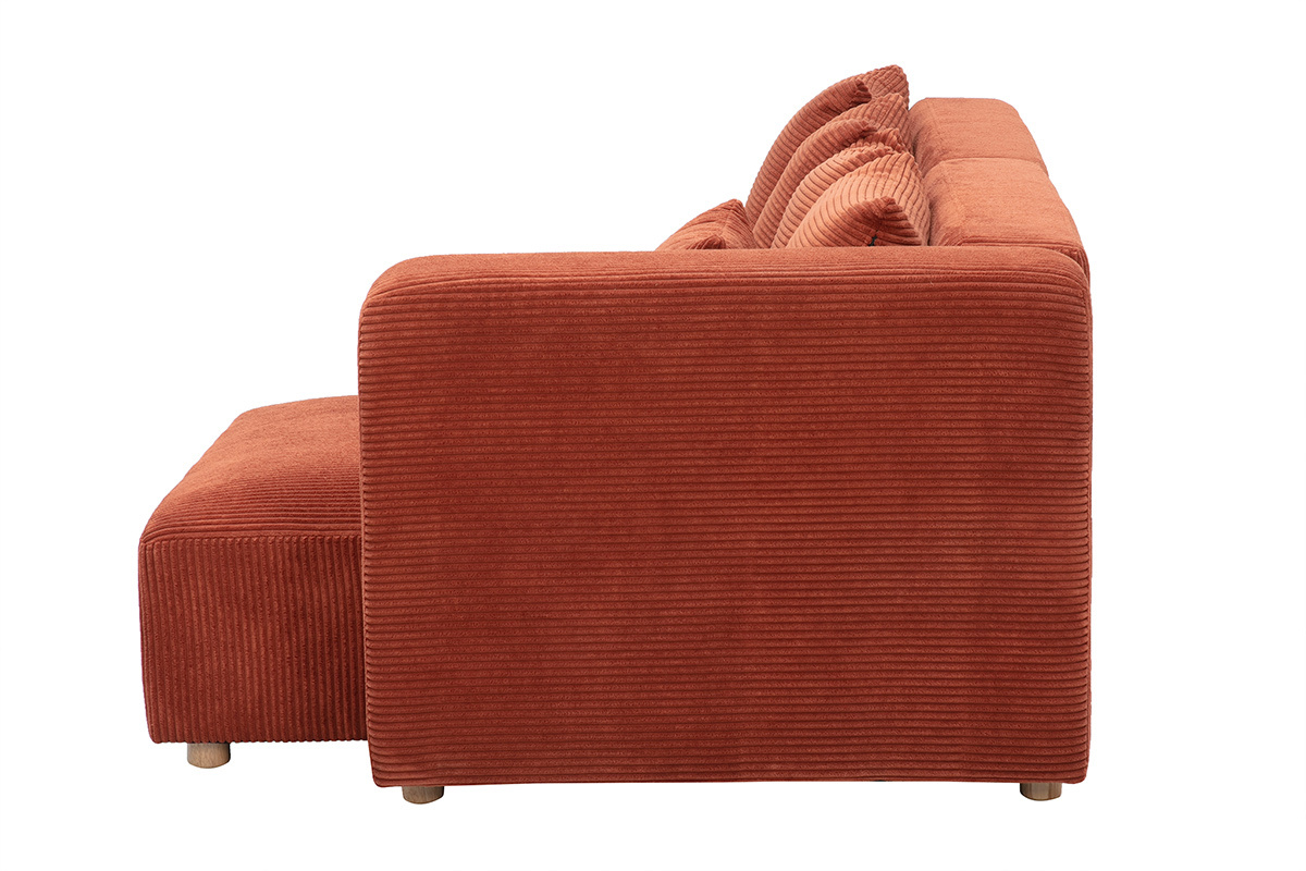 Divano angolare destro a 3 posti in tessuto velluto a coste terracotta, vista di profilo