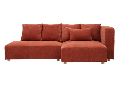 Divano angolare destro 3 posti in tessuto velluto a coste terracotta e legno chiaro HARLEM
