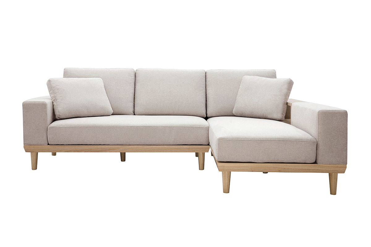 Divano angolare destro 5 posti con mensole tessuto effetto velluto testurizzato beige e legno chiaro KOMAO