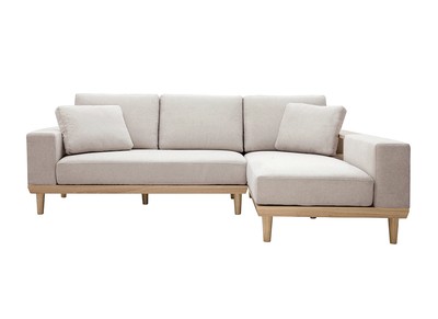 Divano angolare destro 5 posti con mensole tessuto effetto velluto testurizzato beige e legno chiaro KOMAO