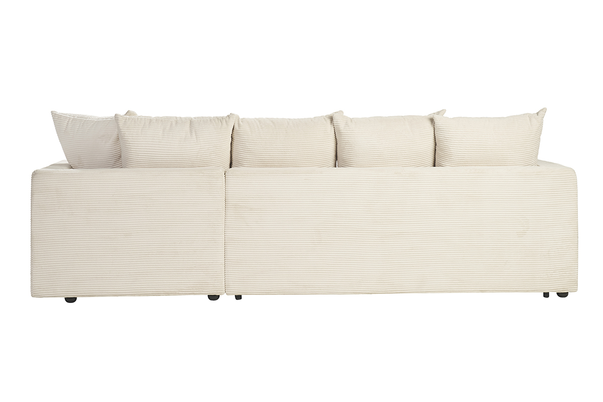 Vista posteriore di un divano ad angolo destro in velluto a coste beige.