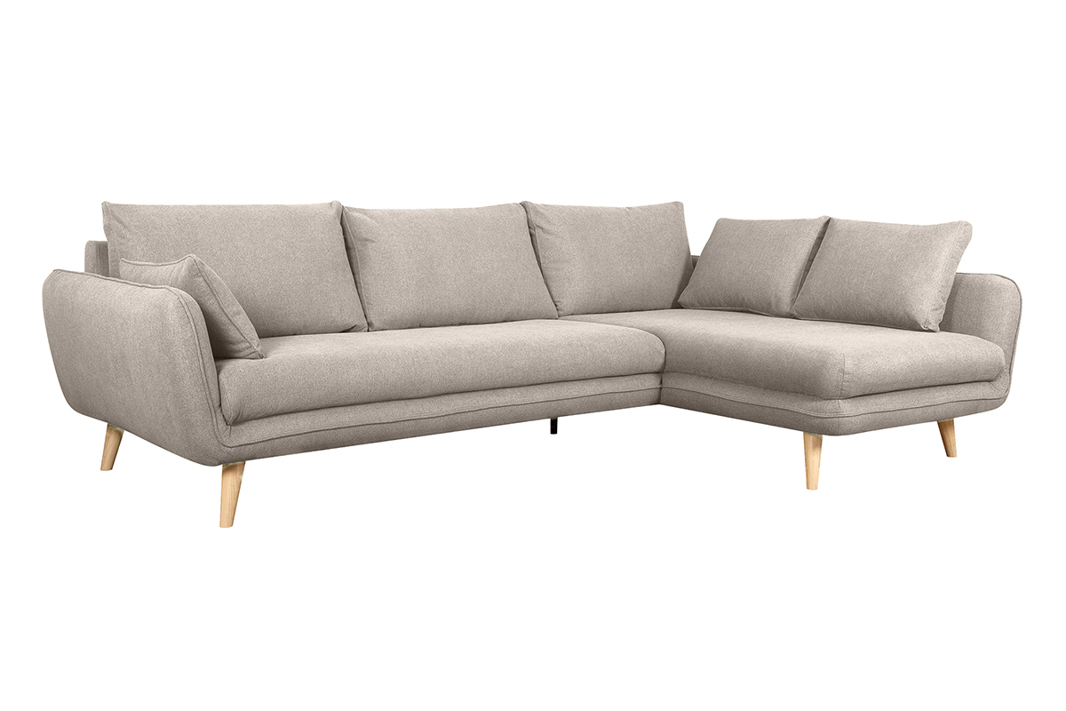 Divano angolare destro scandinavo 5 posti in tessuto beige naturale e legno chiaro CREEP