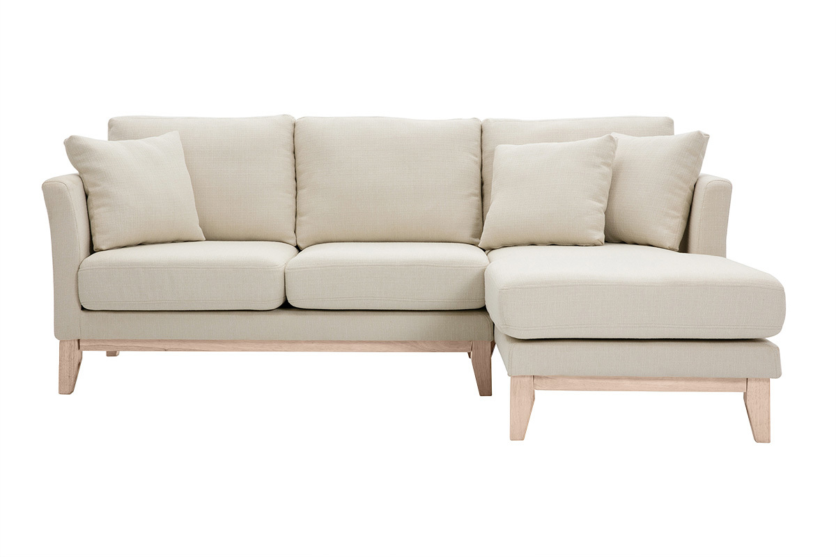 Divano angolare destro sfoderabile 4 posti in tessuto beige e legno chiaro OSLO
