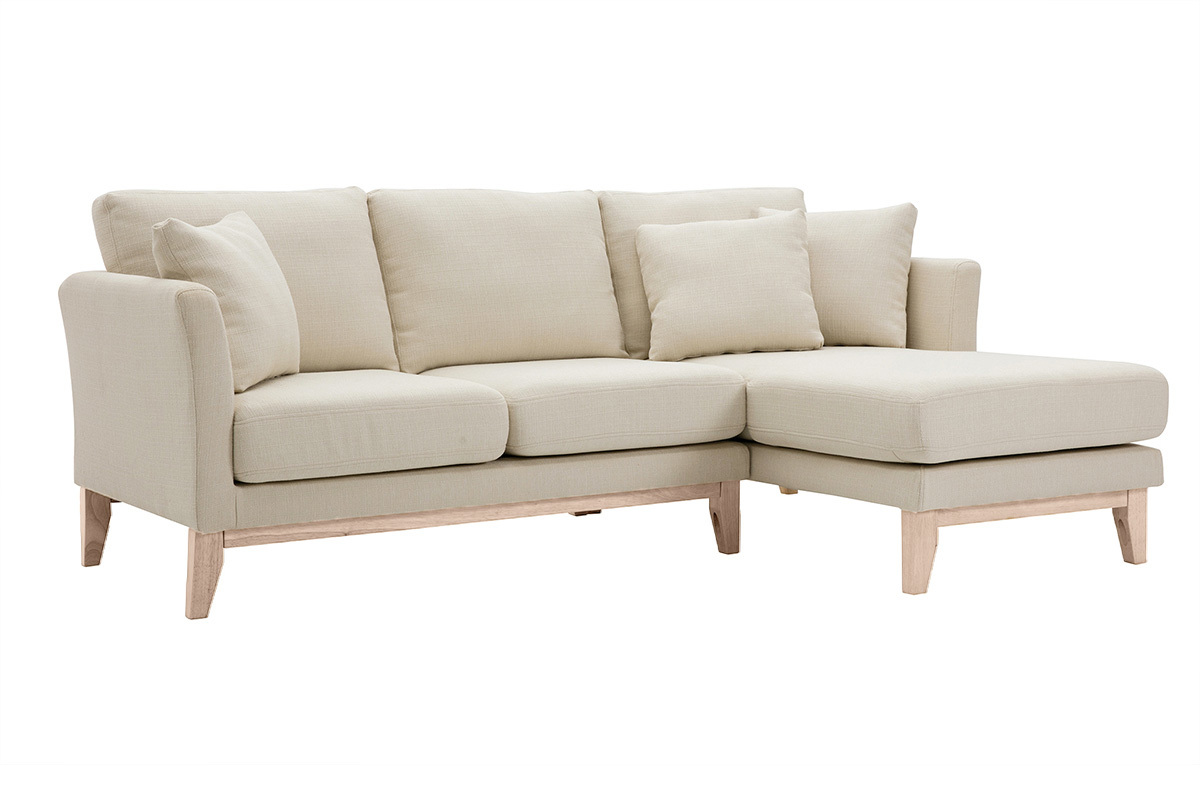 Divano angolare destro sfoderabile 4 posti in tessuto beige e legno chiaro OSLO