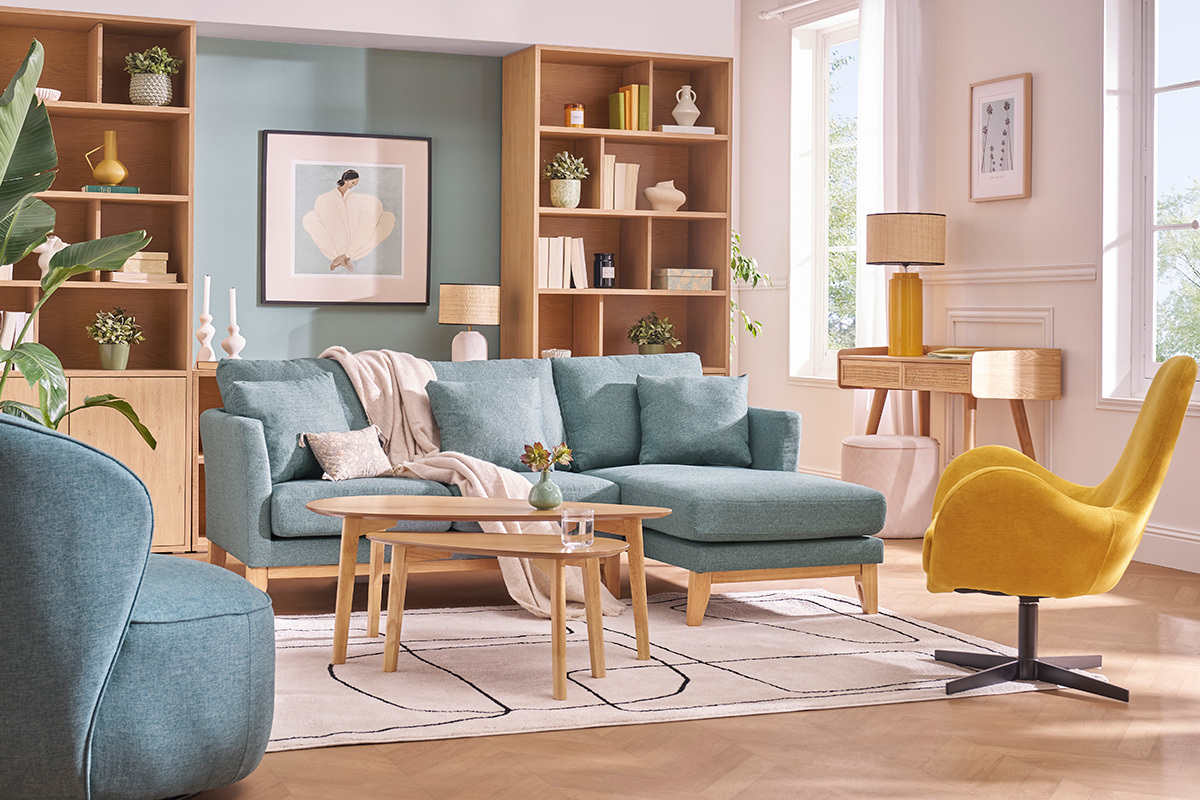 Divano angolare destro sfoderabile scandinavo 4 posti in tessuto grigio-verde e legno chiaro OSLO