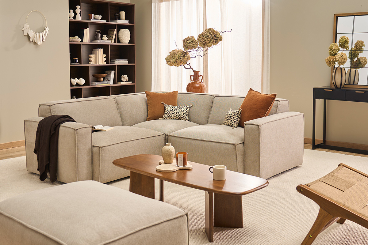 Divano angolare modulabile 3 posti in tessuto effetto velluto testurizzato beige SPLIT