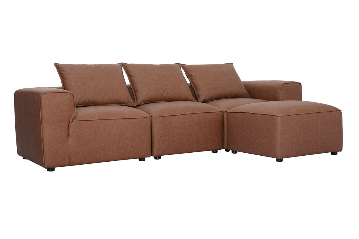 Divano angolare modulabile a 4 posti in pelle marrone, vista a 3/4 con cuscini.
