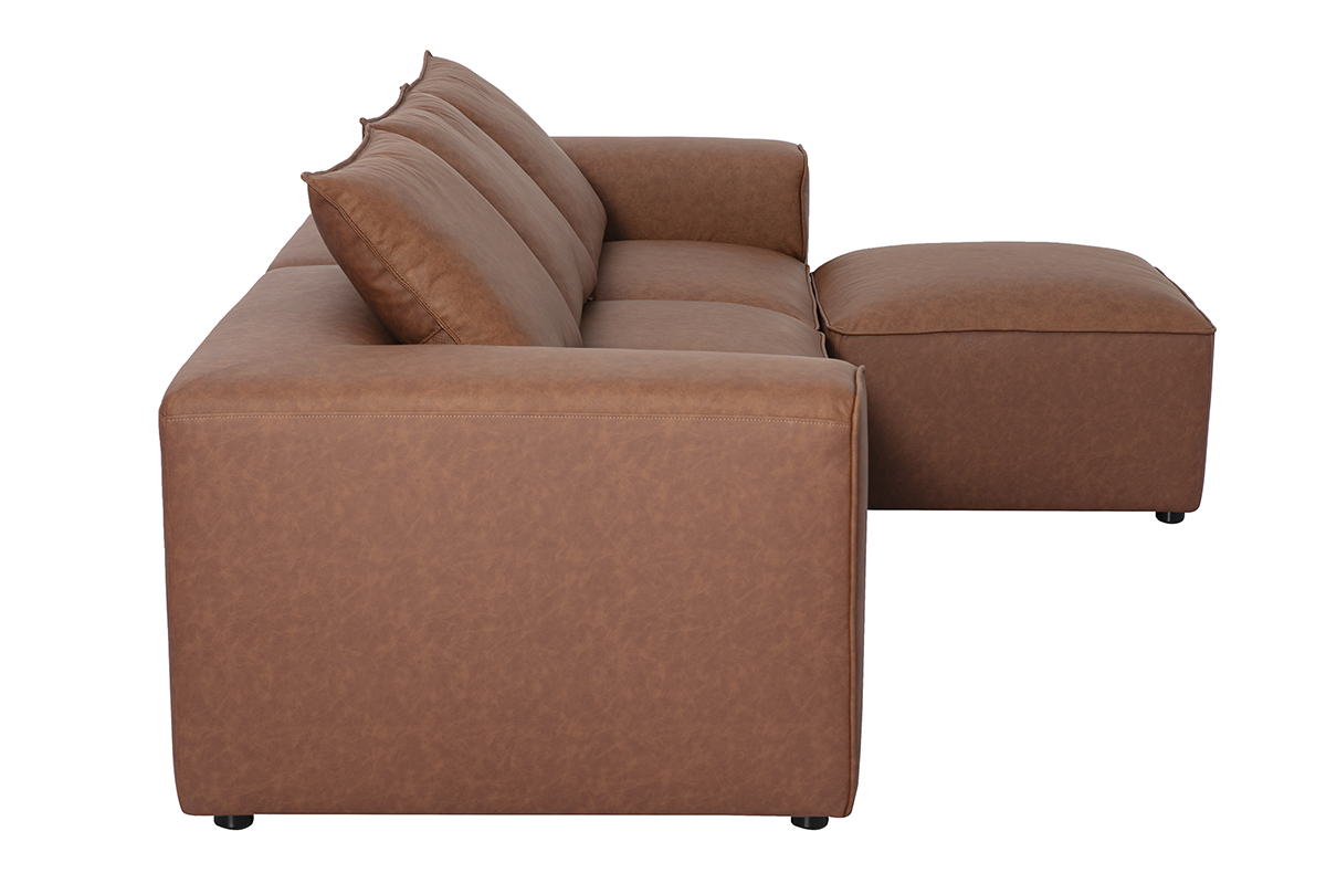 Divano angolare modulare a 4 posti in pelle marrone, vista laterale con pouf.